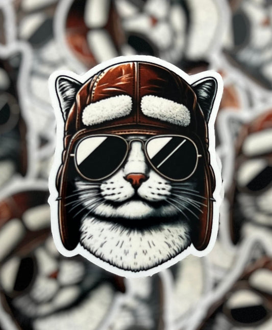 Pilot Kitty Sticker, Aviation Cat with Old School Vintage Leather Pilot Cap